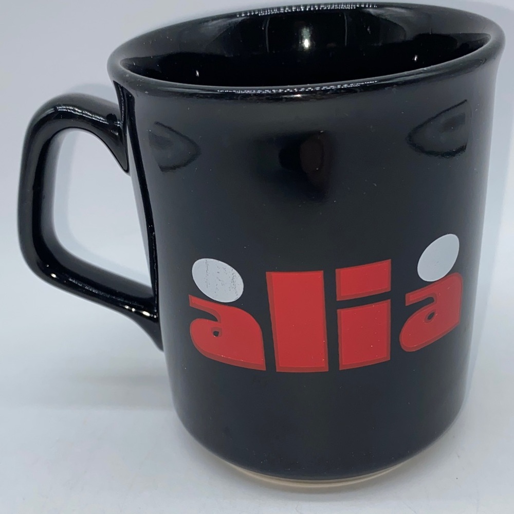 Black Coffee Mug with Red Alia Logo Ladies Clothing Store Advertising Vintage
